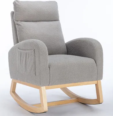 Immagine prodotto di Sedia a dondolo AIORBER, poltrona da salotto, tessuto teddy, con tasche per braccioli, portata fino a 120 kg, seduta imbottita, per camera da letto, 88x71x104 cm, grigio chiaro