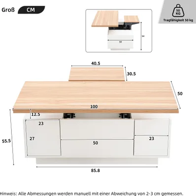 Produktbild von STILVORA Couchtisch anhebbarer Beistelltisch mit verstecktem Stauraum,Multifunktions-Wohnzimmertisch mit Doppel-Hebemechanismus,Weiß + Holzfarbe