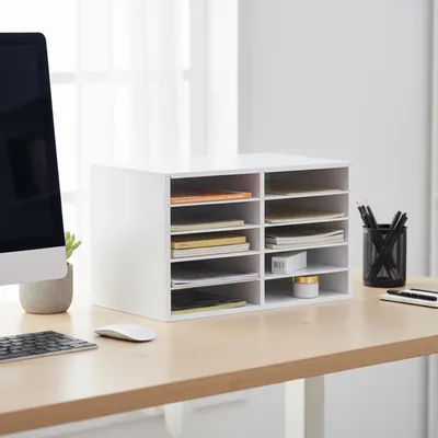 Obrázok produktu pre Relaxdays Bambusový organizér na dokumenty, formát A4, 10 priehradiek, do kancelárie, domácej kancelárie, VxŠxH 31x49x31 cm, organizér na stôl, biely