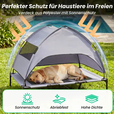 Immagine prodotto di COSTWAY, cuccia rialzata per cani con tenda, resistente alle intemperie, adatta a cani fino a 40 kg, con tettoia parasole rimovibile, finestre e borsa da trasporto. Dimensioni: 122,5 x 91 x 95 cm