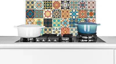 Obrázok produktu pre KitchenYeah® Splashback kitchen - kuchynský splashback - ochrana steny sporáka a drezu - kvety - vintage - vzor - modrá - oranžová 70x30 - Alu-Dibond (alternatíva skleneného splashbacku) - žiaruvzdorný