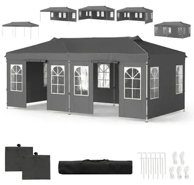Produktbild von KOMFOTTEU Pavillon, 3 x 6 m Pop up Partyzelt höhenverstellbar, Faltpavillon mit 6 Seitenwänden & Fenstern, Gartenzelt mit Sonnenschutz, Faltpavillon mit Tragetasche & Reflexstreifen (Grau)