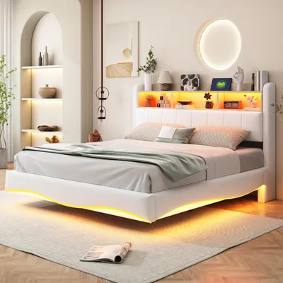 Produktbild von Modernes abgehängtes Polsterbett aus Leinen, 160×200cm Stauraumbett mit LED-Licht, USB- und TYPE-C-Schnittstelle,Beige, praktisch &  für Schlafzimmer