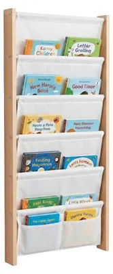 Produktbild von Relaxdays Bücherregal mit 7 Stofftaschen, Wandmontage, Wandregal für Kinder, Buchregal, HBT: 118x44,5x6 cm, MDF, weiß