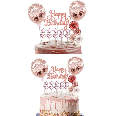Produktbild von 2 Stk Tortendeko Set, Happy Birthday, mit Confetti Kuchendeko Geburtstag Mädchen, Luftballons Papierfächer Sternen Liebe & Kugel Cake Topper
