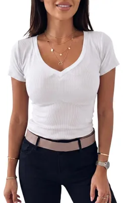 Produktbild von Damen T-Shirt Bluse Kurzarm Gerippt Basic Casual Weiß L