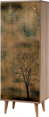 A tall, narrow cabinet with a decorative front panel depicting a tree.