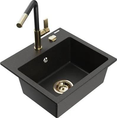 Produktbild von Mexen Milo 1-Becken-Granitspüle mit Mischbatterie Flora, Schwarz/Gold metallisch - 6505-75-670401-57-G