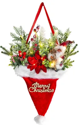 Produktbild von Weihnachtsmützenkranz, LED-beleuchteter Weihnachtsmannmützenkranz mit künstlichen Tannenzapfen, roten Beeren und Blumen, Weihnachtsdekoration zum Aufhängen an der Wand für die Haustür, Bauernhaus, Heimdekoration