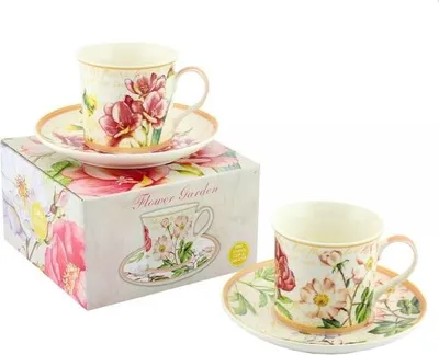 Produktbild von Wunderschöne Tasse mit Untertasse "Blumengarten" - je nach Lagerbestand wird eines der beiden Designs geliefert - Preis pro Stück!