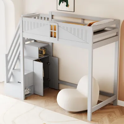 Produktbild von STILVORA Massivholz-Hochbett 90 x 200 cm mit Matratze Bettgestell mit Sicherheitstür mit Fenster, Sofabett mit seitlicher Ablage und beidseitig montierbarer Sicherheitsleiter, Multifunktionsbett,Grau