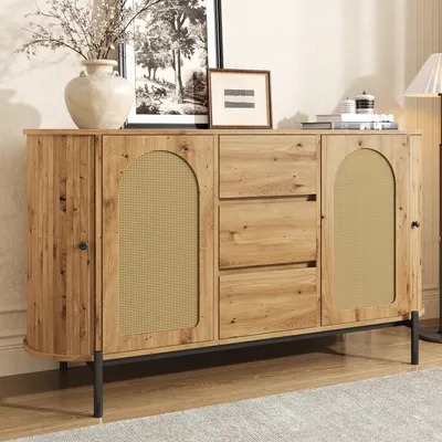 Produktbild von okwish Ovale Sideboard mit Rattan verstellbare Fächer Wohnzimmerschrank mit Schiebetüren und 3 Schubladen multifunktionaler Aufbewahrungsschrank mit Metallbeinen Natur