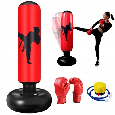 Produktbild von Boxsack Set 160cm Stehend Aufblasbare Boxsäcke mit Boxhandschuhen, Standboxsäcke Fitness Dekompression Kick Kampftraining Rot