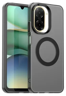 A smartphone case with a magnetic ring for charging.