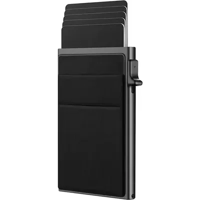 Produktbild von RFID Kartenetui aus Aluminium – Platz für 10+ Karten, AirTag & Bargeldfach | Schwarz | Easy-Open Funktion | Slim & sicherer Cardholder