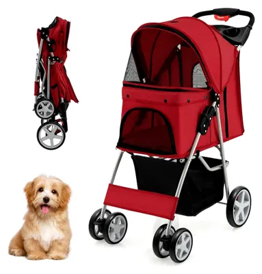 Produktbild von Hundebuggy, klappbarer Hundewagen bis 15 kg, Katzenwagen mit Netzfenstern, Getränkehalter und Aufbewahrungskorb, Haustier-Kinderwagen für kleine Tiere (Rot)