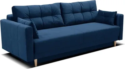 Produktbild von Schlafsofa Lema, Sofa mit Schlaffunktion und Bettkasten, Klappsofa, Schlafcouch mit Füßen aus Naturholz, Veloursstoff, Couch in Frabe: Blau