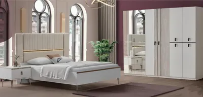 Zdjęcie produktu dla Elegancki zestaw do sypialni: designerskie łóżko tapicerowane, szafa, stoliki nocne