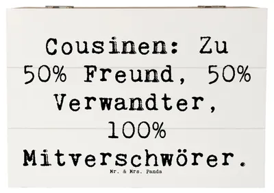 Produktbild von Mr. & Mrs. Panda truhe holz Spruch Cousin Mitverschwörer 22 x 15 cm - Weiß - Geschenk, Holzbox, Cousins, schmucktruhe, Lächeln, fotokiste, Cousine, Handarbeit, Verbündete