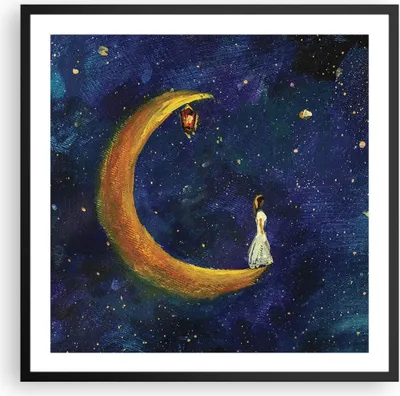 Produktbild von Gerahmtes Poster - Schwarzer Rahmen - Mädchen auf der Mond - 60x60 cm - Wand Bild - Wanddeko - Wandbilder - Kunstposter - Wandposter - Bilderrahmen - Bilder - Kunstdruck - P2BAC60x60-4575