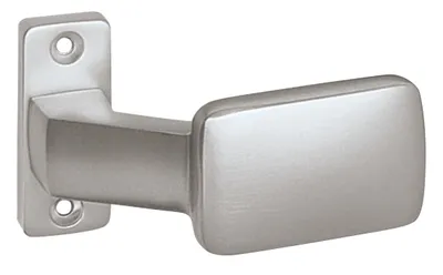 A close-up studio shot of a silver door handle on a white background.