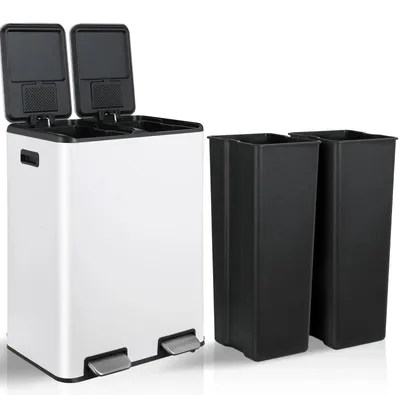 Produktbild von Küchen-Mülleimer - Doppelkammer Abfalleimer 60L - Edelstahl - Fußpedal mit Soft-Close Deckel - Mülltrennung und Recycling - Weiß