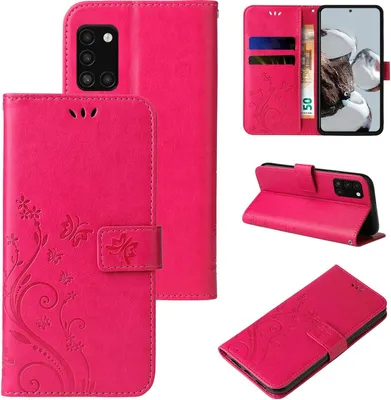 Produktbild von Handyhülle für Samsung Galaxy A31 Floral Blumen Schmetterling Flip Cover Hülle Case Klapphülle Handytasche Farbe: Pink