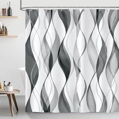 Obrázek produktu pro Závěs do sprchy Unyqoos® 180 x 180 cm – 100% polyester, vodotěsný a prý, černý a šedý vzor vln, odolný proti plísním, včetně 12 háčků