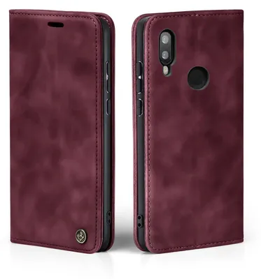 A burgundy flip case for a Huawei P20 Lite phone is shown from two angles.
