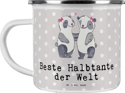 Produktbild von Mr. & Mrs. Panda becher emaille Panda Beste Halbtante der Welt - Grau Pastell - Geschenk, Teebecher, Stiefgeschwister, Tante, Kleinigkeit, Tasse, Pott, Teetasse, Haferl