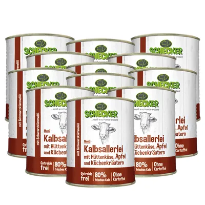 Produktbild von 12x820g Schecker Hundemenü - 80% Kalb mit Hüttenkäse, Apfel und Schwarzkümmelöl - Nassfutter