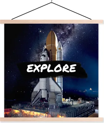Produktbild von MuchoWow® Textilposter Weltraum - 'Erforschen' - Zitate - Sprichwörter - Kinder - Kinder - Jungen 40x40 cm mit holzfarbenen Rahmen - Posterleiste