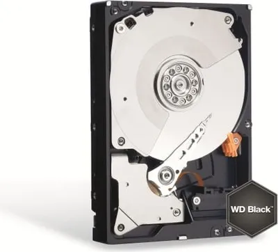An internal view of a Western Digital hard drive with the WD Black logo in the bottom right corner.