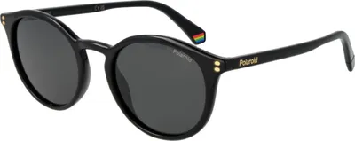 A pair of black Polaroid sunglasses shown from a side-angle.