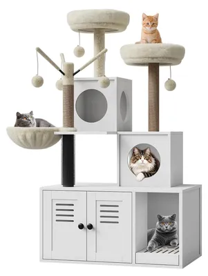 Produktbild von Kratzbaum - Kletterturm 5 Ebenen - Mit Kratzsäulen - Katzentoiletten-Schrank - Liegeflächen & Hängespielzeug - Für innen - Holz - Weiß 8104