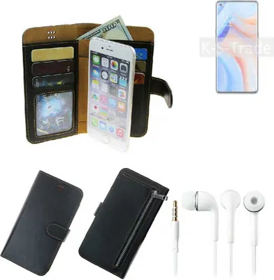 Produktbild von TOP SET Handy Hülle Schutz Hülle kompatibel mit Oppo Reno4 Pro  schwarz aus Kunstleder + Kopfhörer Smartphone Tasche vollwertige Geldbörse