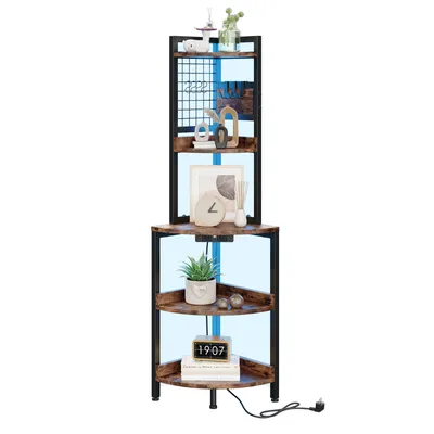 Produktbild von iropro Eckregal 5 Ebenen mit Steckdosen, Standregal mit LED Beleuchtung, Aufbewahrungsregal für Wohnzimmer, Küche, Vintagebraun+schwarz, 40x40x152cm