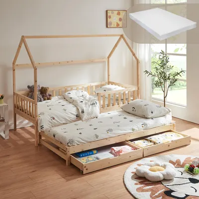 Produktbild von Doppel-Kinderbett ’Aarghonmaa‘ in Hausoptik 90 x 200 cm mit 1 Matratze Ausziehbett inkl. Rausfallschutz und 2 Schubladen Kiefernholz Natur