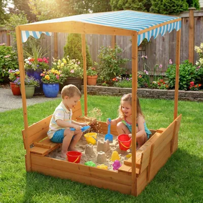 Produktbild von FCH Sandkasten mit Dach & Sitzbänken ,Kindersandkasten, Sandkasten Garten, Sandkasten mit Sitzbank,Holzspielsandkasten für Kinder 118x118x145cm