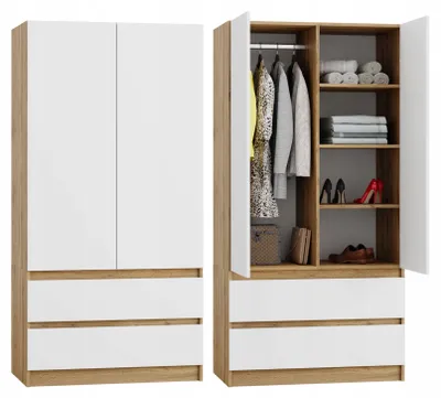 Produktbild von Kleiderschrank - Weiß/Wotan – 90 x 50 x 180 cm – 2 Schubladen – Tip-on – moderner