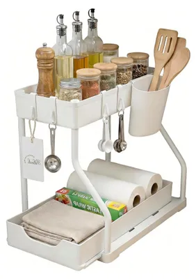 Produktbild von Regal unter dem Waschbecken, 2-stöckig, ausziehbar mit Schublade und Aufhängeschale, Küchenorganizer für Spülschrank, Unterschrank, Badezimmer, 37,5 x 20,5 x 33,5 cm, Weiß