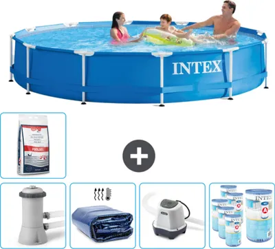 Immagine prodotto di Piscina Intex con struttura rotonda - 366 x 76 cm - blu - pompa inclusa - tenda da sole - sistema ad acqua salata - filtro -per piscina