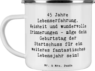 Produktbild von Mr. & Mrs. Panda Pott Spruch 45. Geburtstag - Weiß - Geschenk, Happy Birthday, Startschuss, feiern, Reisebecher, Teetasse, Emaille Tasse, Jubiläum, Geburtstagsgeschenk