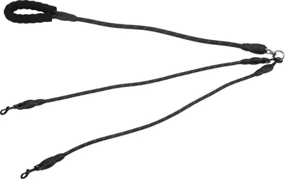 A black multi-dog leash with a padded handle, shown against a white background.