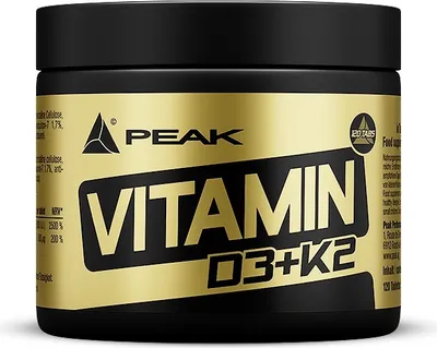 A product shot of a bottle of Vitamin D3 + K2 supplement.