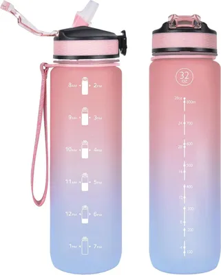 Produktbild von NAVTUE 1 Liter Sport-Wasserflasche mit Strohhalm und Zeitmarkierungen, auslaufsicher, BPA-frei, PinkBlau