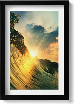 Produktbild von Welle auf dem Meer und Sonnenuntergang– Wandbild mit Rahmen – Gerahmtes Bild  – Wanddekoration – 20x30 cm – Schwarz