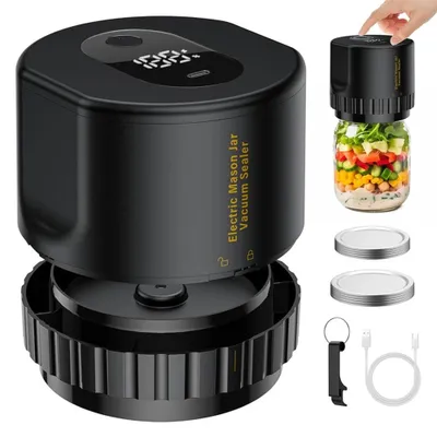 Produktbild von Elektrischer Vakuumierer für Einmachgläser, kabellos, 1200 mAh, LED-Display, USB, 10 Vakuumdeckel – Schwarz