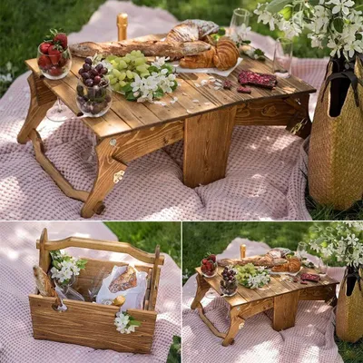 Produktbild von Klappbarer Picknickkorb aus Holz für den Außenbereich, tragbarer Wein-Picknicktisch, 2-in-1-Picknicktisch, umwandelbarer Aufbewahrungskorb aus Holz, für Picknick im Freien am Strandpark oder drinnen (Primärfarbe groß)