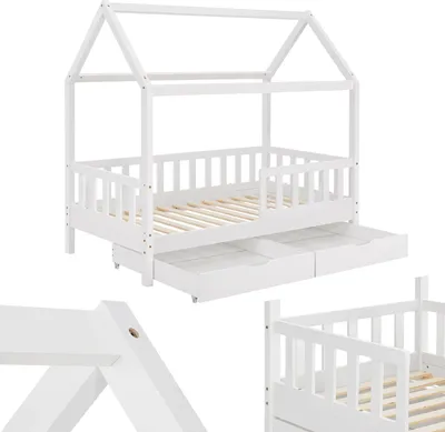 Produktbild von Juskys Kinderbett Marli 90 x 200 cm - Bettkasten, Gitter, Lattenrost & Dach - Holz Weiß